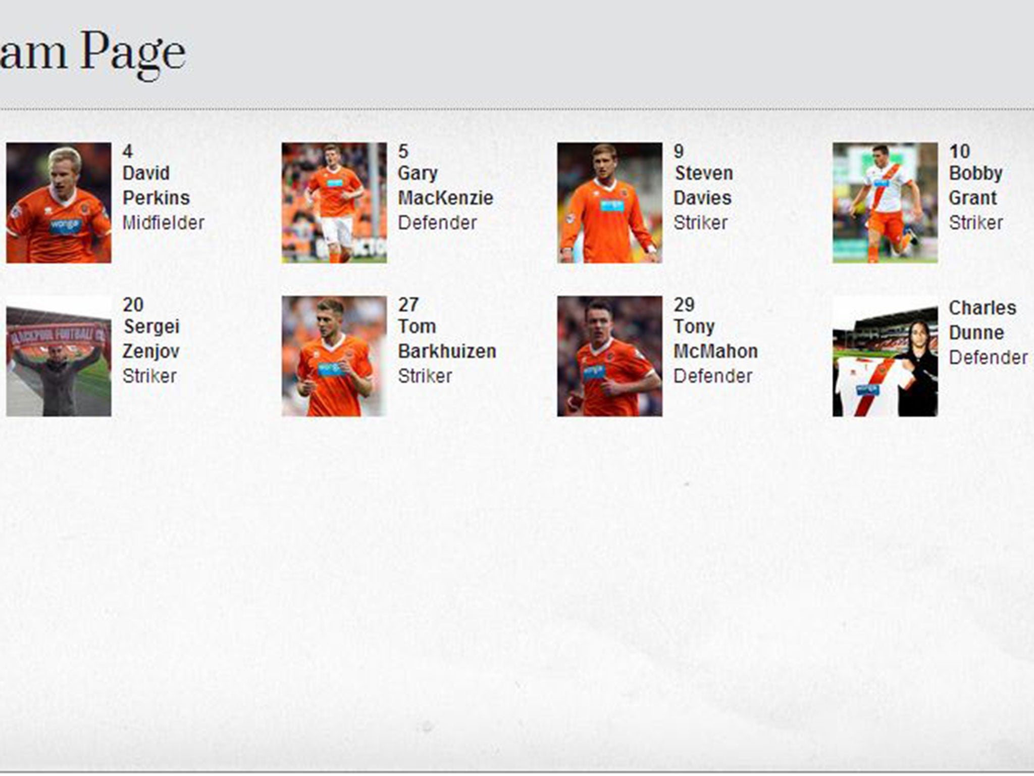 Blackpool's club website currently shows eight first-team players