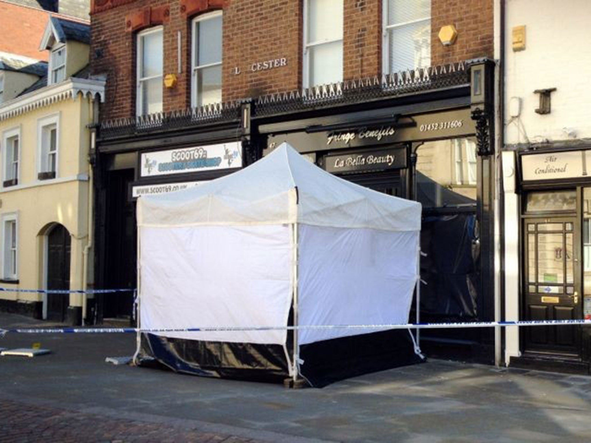 The murder scene at Fringe Benefits &amp; La Bella Beauty in Gloucester city centre