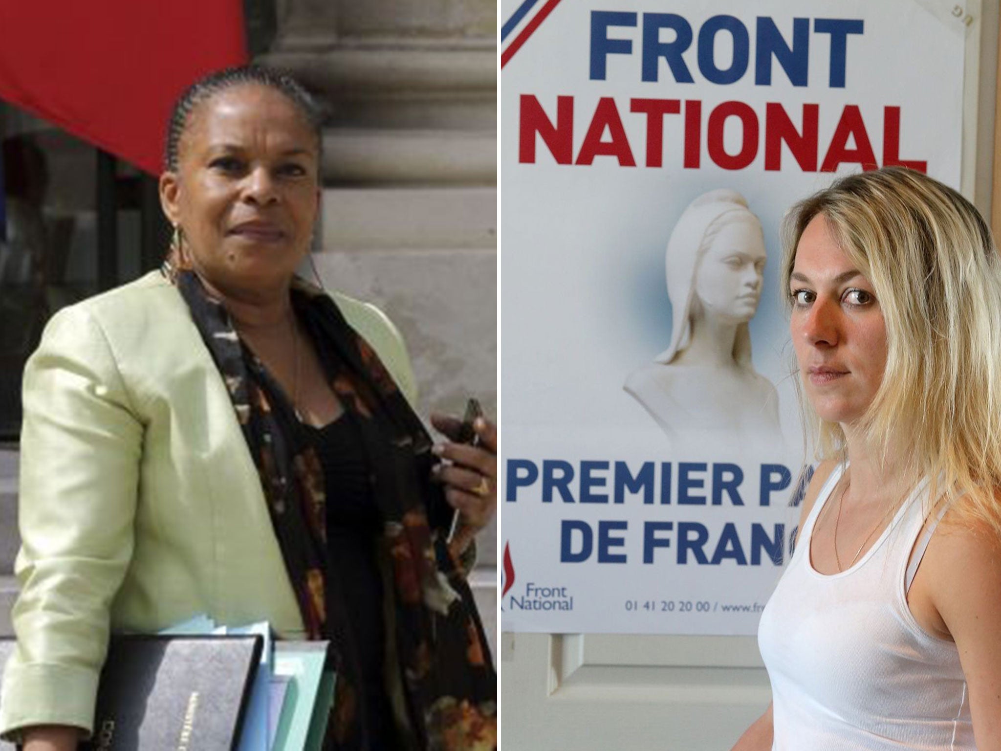 Anne-Sophie Leclère (right), a senior Front National municipal candidate in northern France, posted adjacent images on Facebook of a female chimpanzee and the justice minister, Christiane Taubira (left)