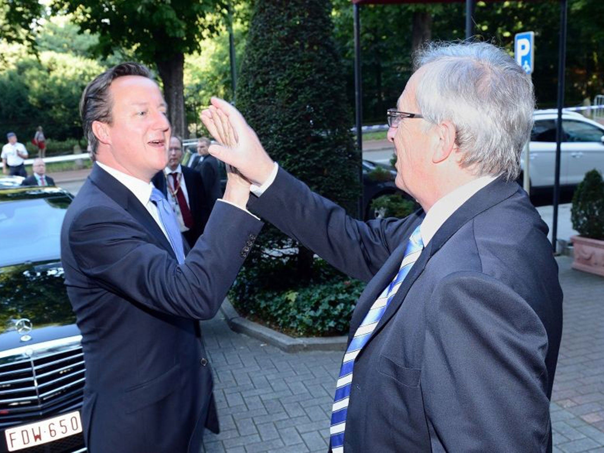 European Union handout photo of Jean-Claude Juncker receiving Prime Minister David Cameron at the European Parliament in Brussels, Belgium.