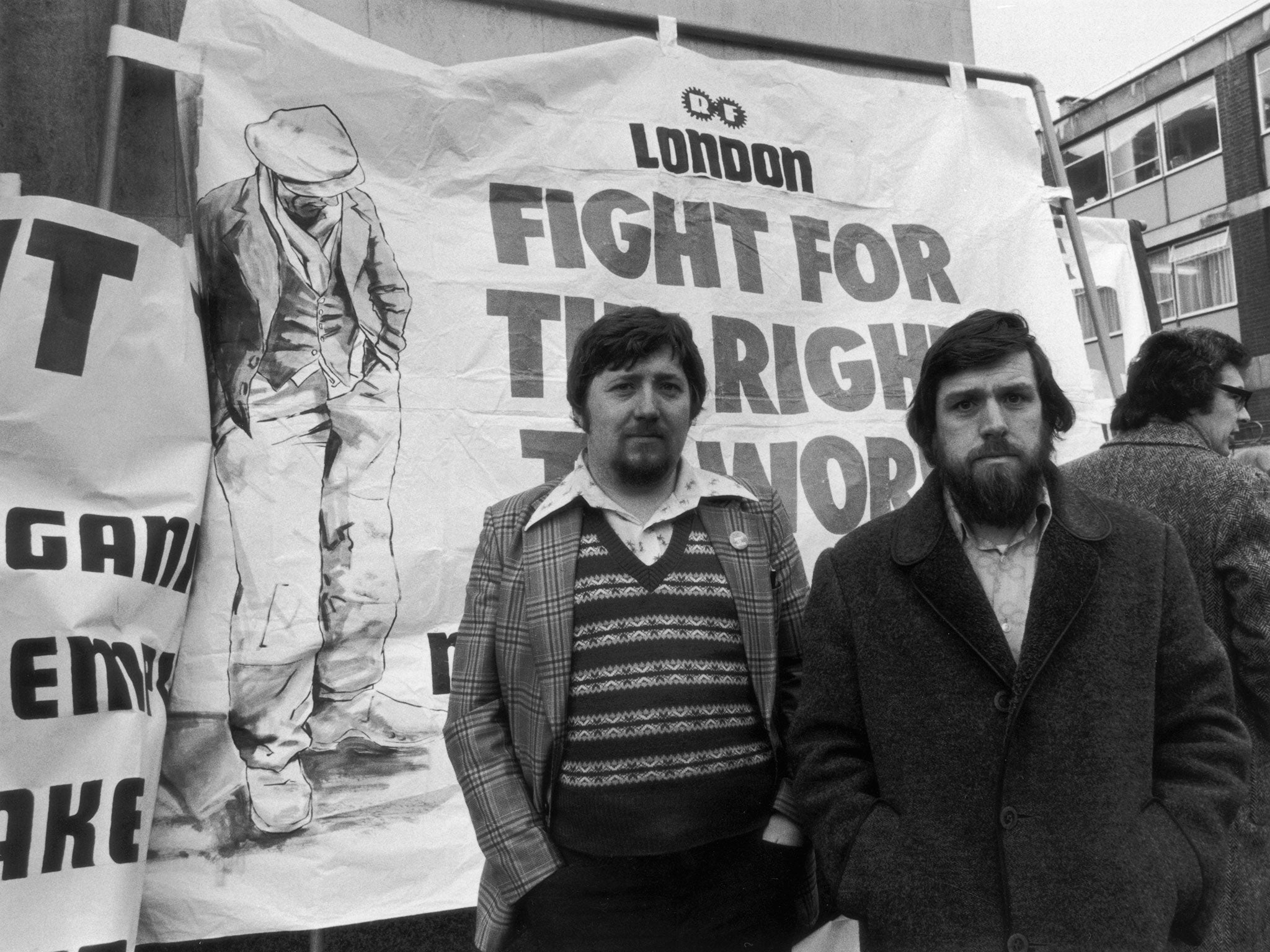 Trade unionist Ricky Tomlinson (right), later a television actor, attends a demonstration in London, 1975