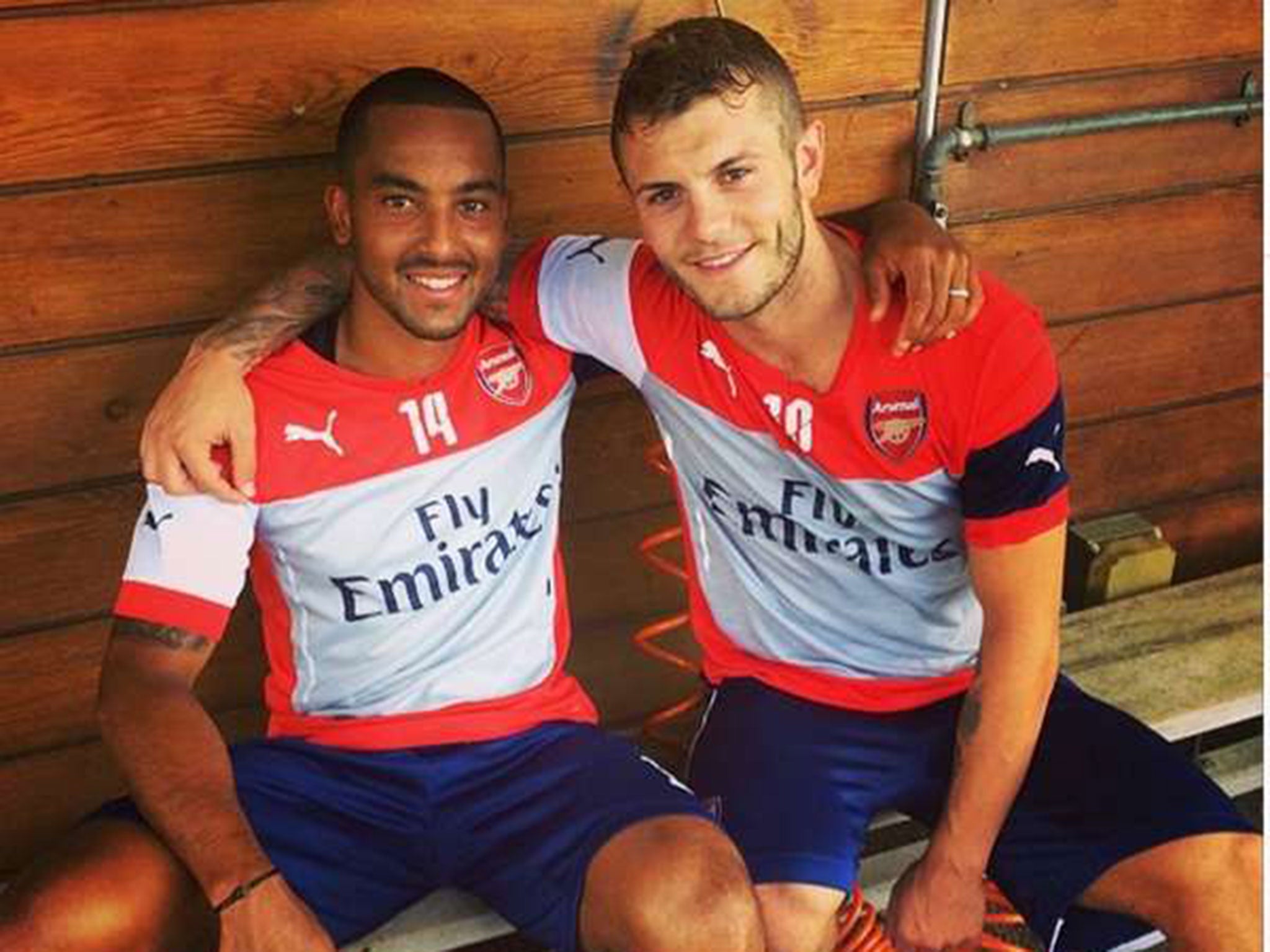 Theo Walcott and Jack Wilshere pose together at Arsenal training