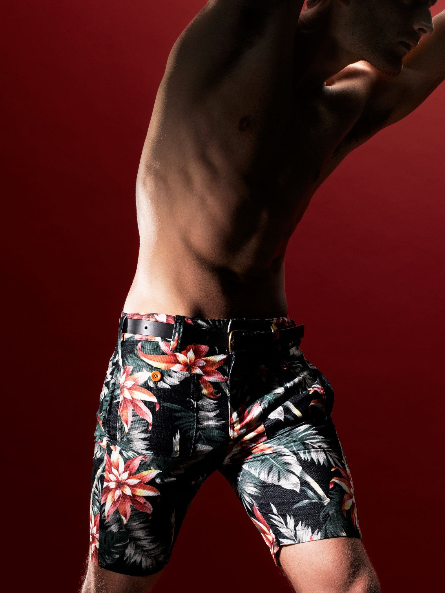 Floral shorts, £180, by Neighborhood, mrporter.com; belt, from a selection, by Ally Capellino, allycapellino.com