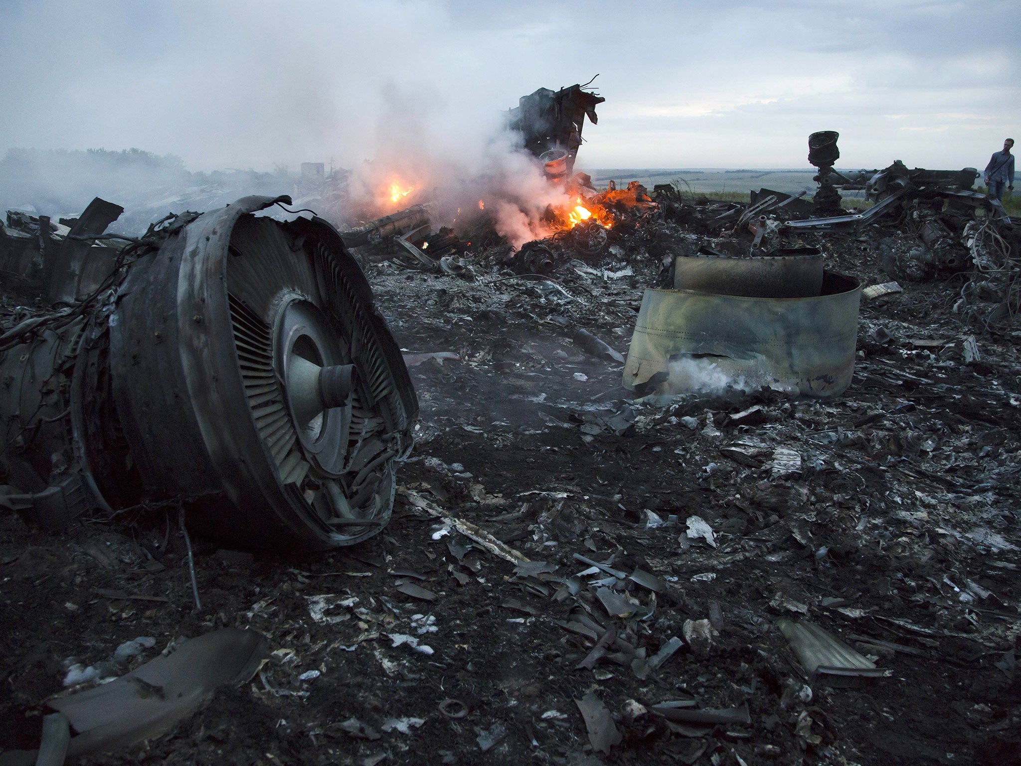 The crash site of the MH17 flight between the two villages of Rozsypne and Hrabove