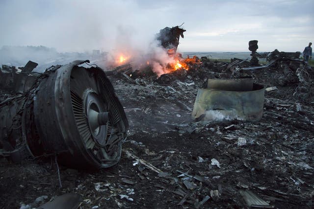 The crash site of the MH17 flight between the two villages of Rozsypne and Hrabove
