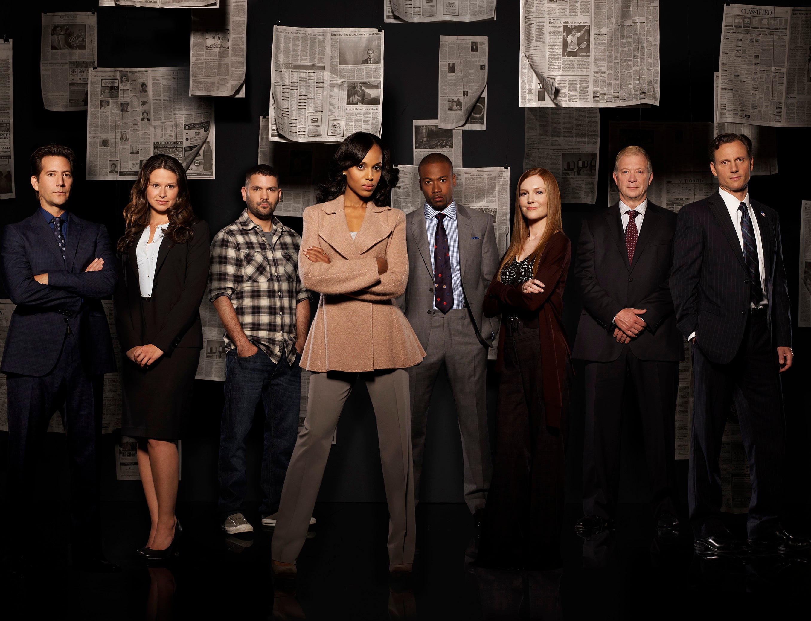 ABC's 'Scandal' stars Henry Ian Cusick as Stephen Finch, Katie Lowes as Quinn Perkins, Guillermo Diaz as Huck, Kerry Washington as Olivia Pope, Columbus Short as Harrison Wright, Darby Stanchfield as Abby Whelan, Jeff Perry as Cyrus and Tony Goldwyn as Pr