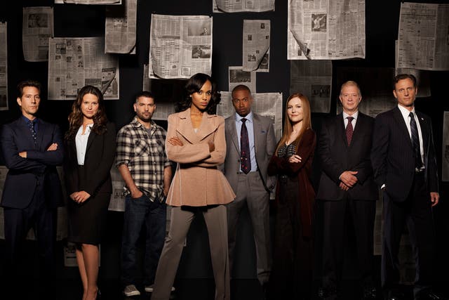 ABC's 'Scandal' stars Henry Ian Cusick as Stephen Finch, Katie Lowes as Quinn Perkins, Guillermo Diaz as Huck, Kerry Washington as Olivia Pope, Columbus Short as Harrison Wright, Darby Stanchfield as Abby Whelan, Jeff Perry as Cyrus and Tony Goldwyn as Pr