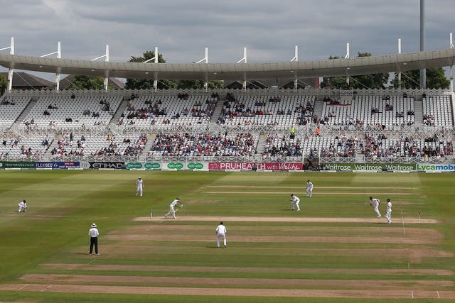 A general view shows the ground on the final day of the first cricket Test match between England and India at Trent Bridge