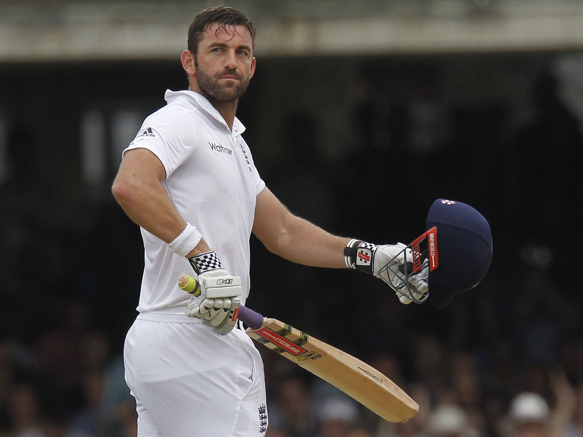 Liam Plunkett salutes the crowd after scoring his maiden 50 in the second Test against India