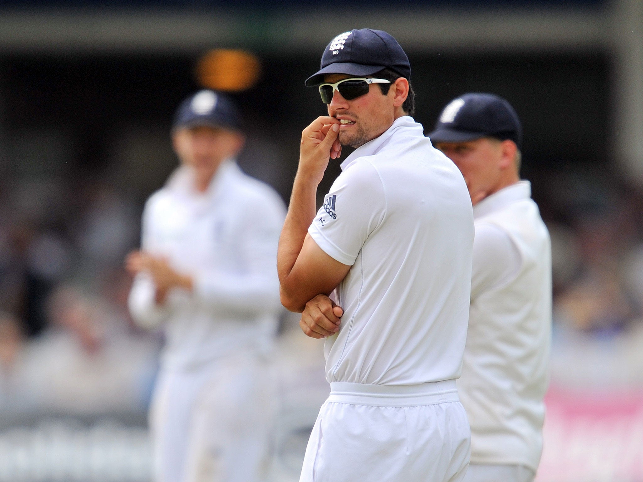 Alaistair Cook looks on in frustration during the second Test between England and India