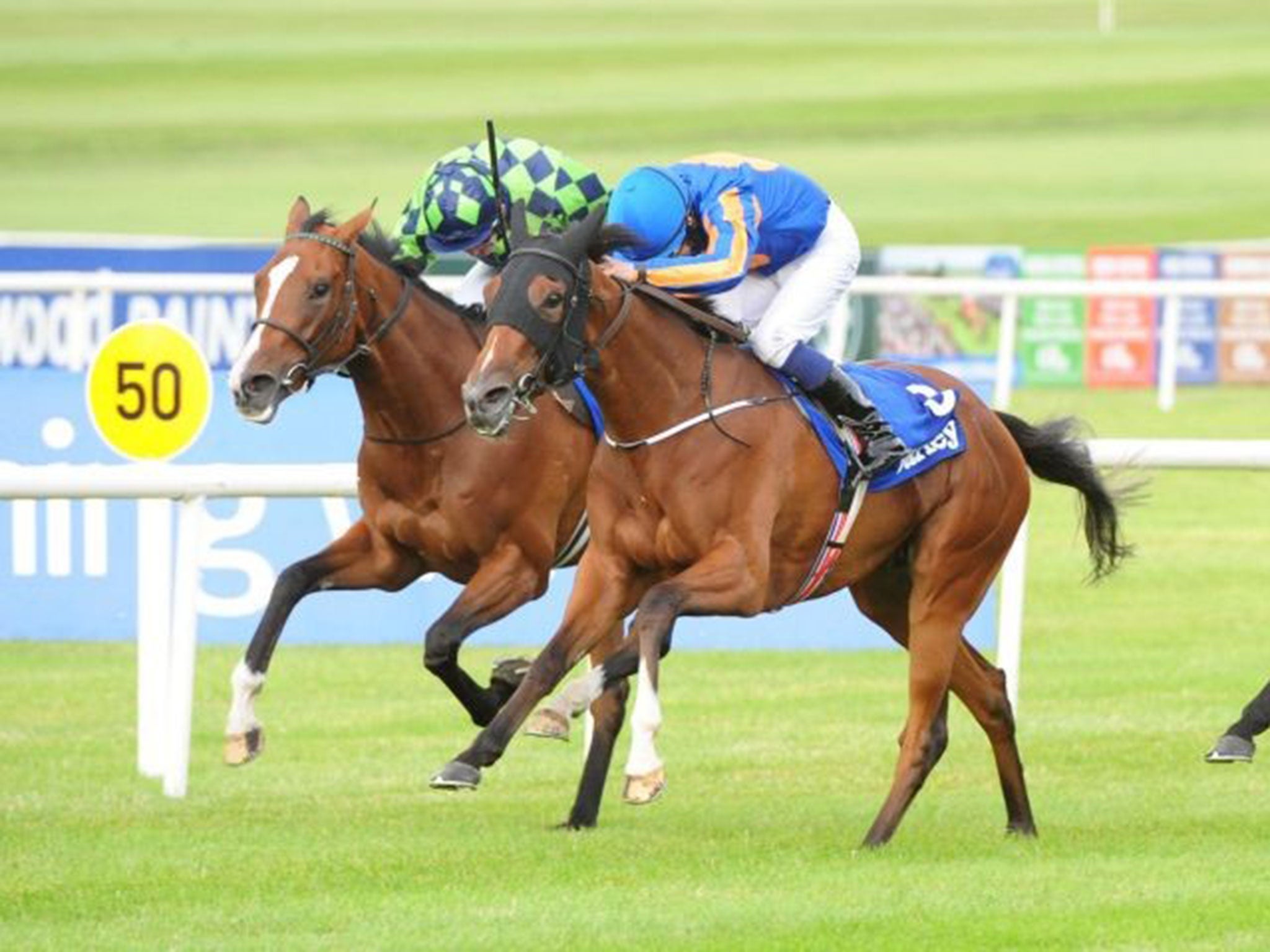 Hard ridden: Colm O’Donoghue drives Bracelet (right) to victory in the Irish Oaks, beating Volume into third place