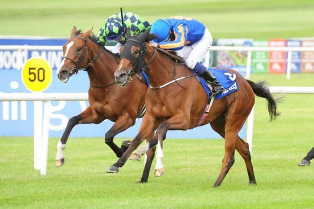 Hard ridden: Colm O’Donoghue drives Bracelet (right) to victory in the Irish Oaks, beating Volume into third place 
