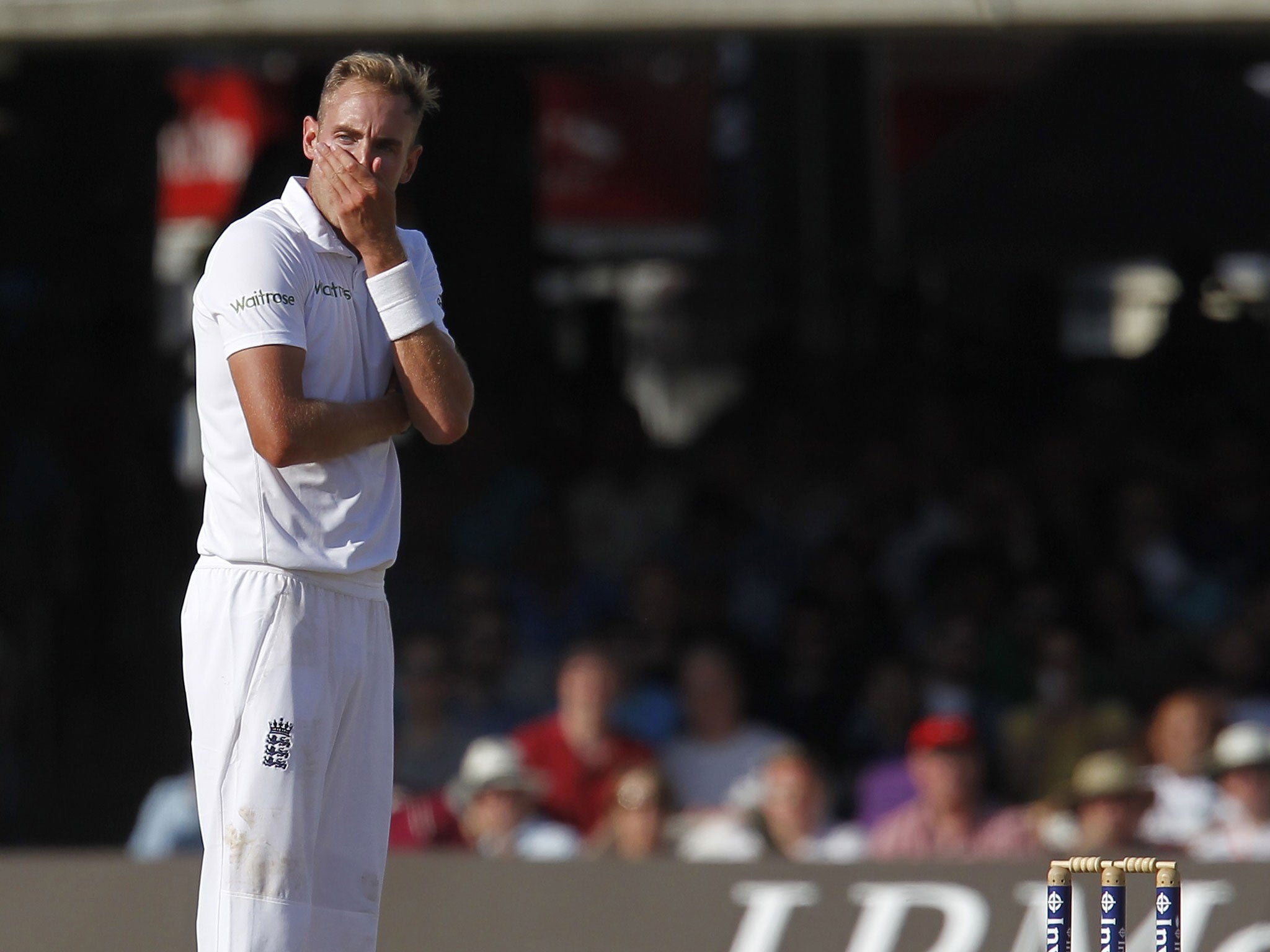 Stuart Broad reacts during India's second innings at Lord's