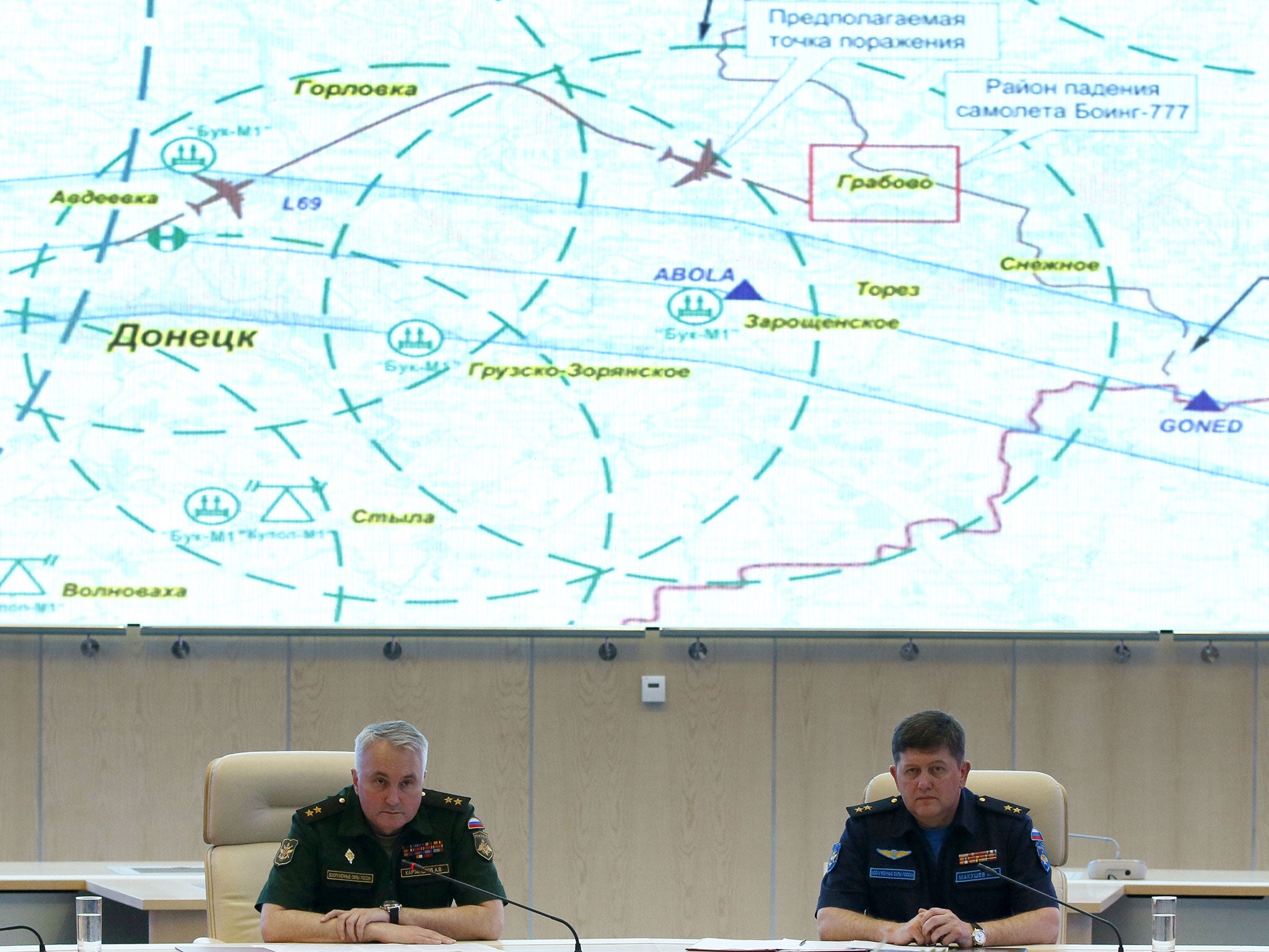 A map of the placement of air defense in the area of Donetsk is shown on the screen during a briefing by Lieutenant-General Andrei Kartopolov, Head of the Main Operative Department of the Russian General Staff, left, and Lieutenant-General Igor Makushev, 