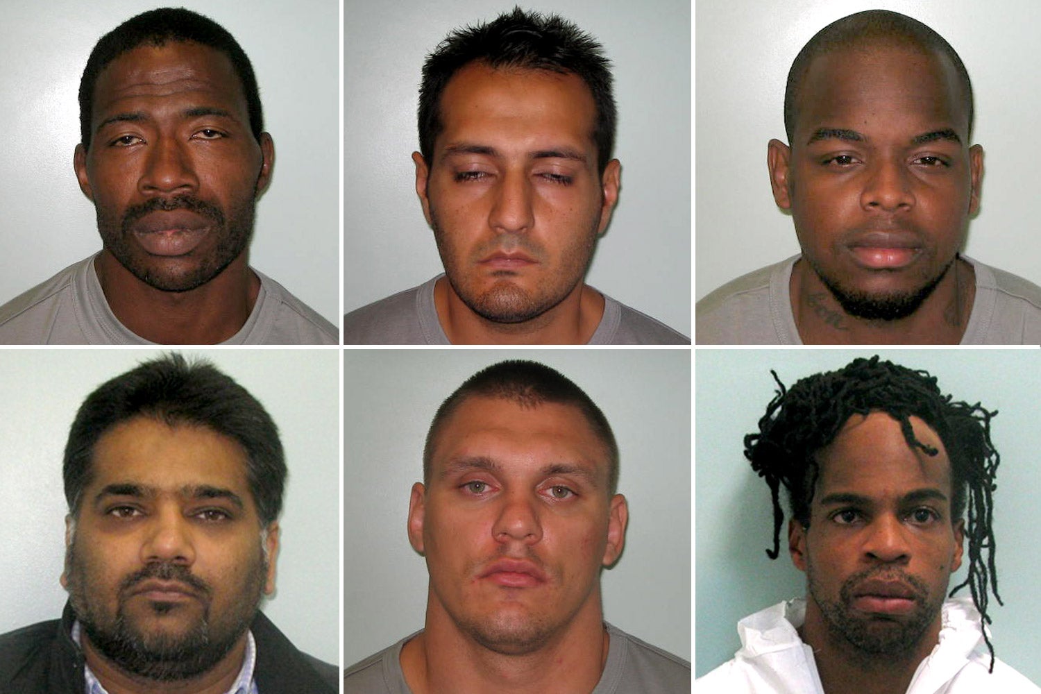 The jailed robbers, top row (l-r): David Sadiku, Aamir Kayani, Michael Carbon; bottom row (l-r): Amarjeet Bharj, Paulius Strasunskas, Francis Carbon