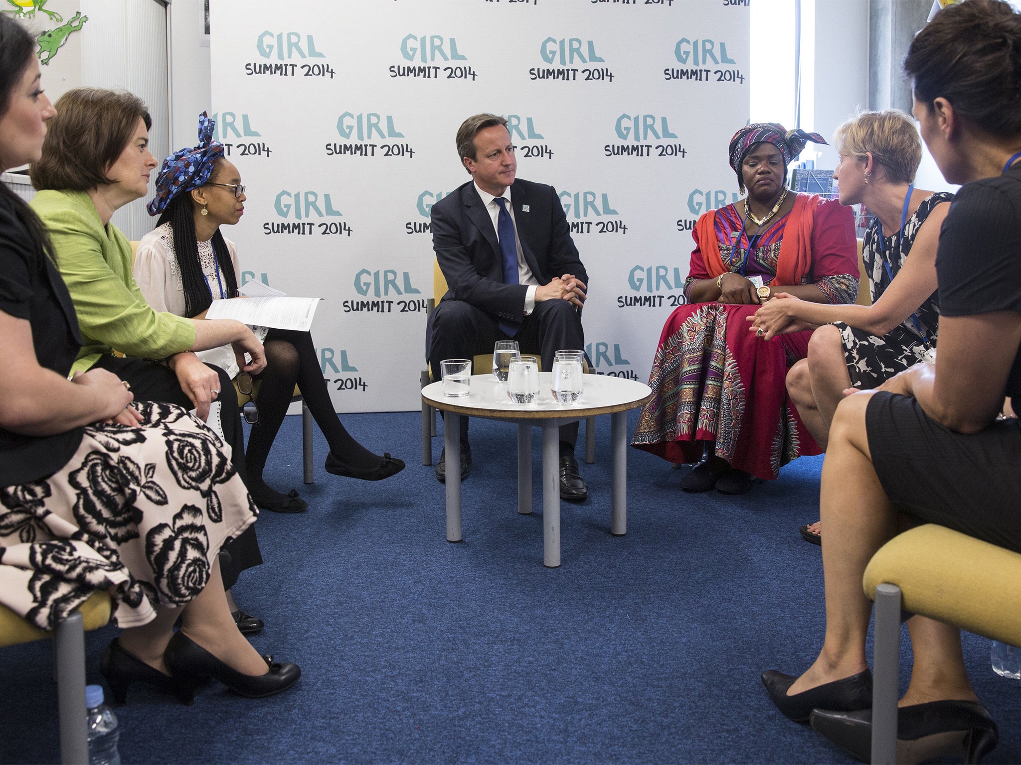 Prime Minister David Cameron meets campaigners and activists during the Girl Summit 2014 at Walworth Academy