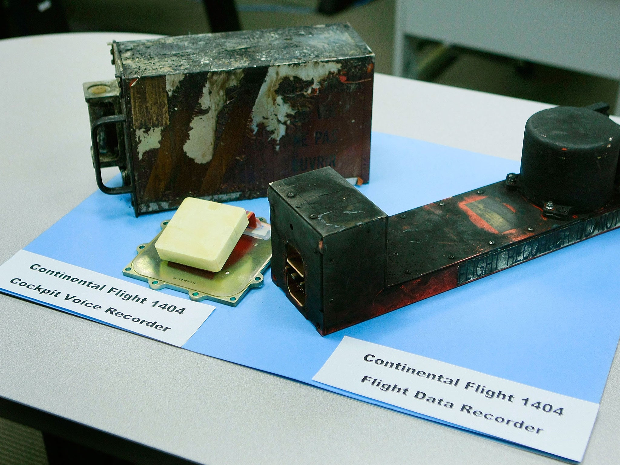 The flight recorders from Continental Airlines flight 1404 are shown at the National Transportation Safety Board headquarters December 22, 2008 in Washington, DC