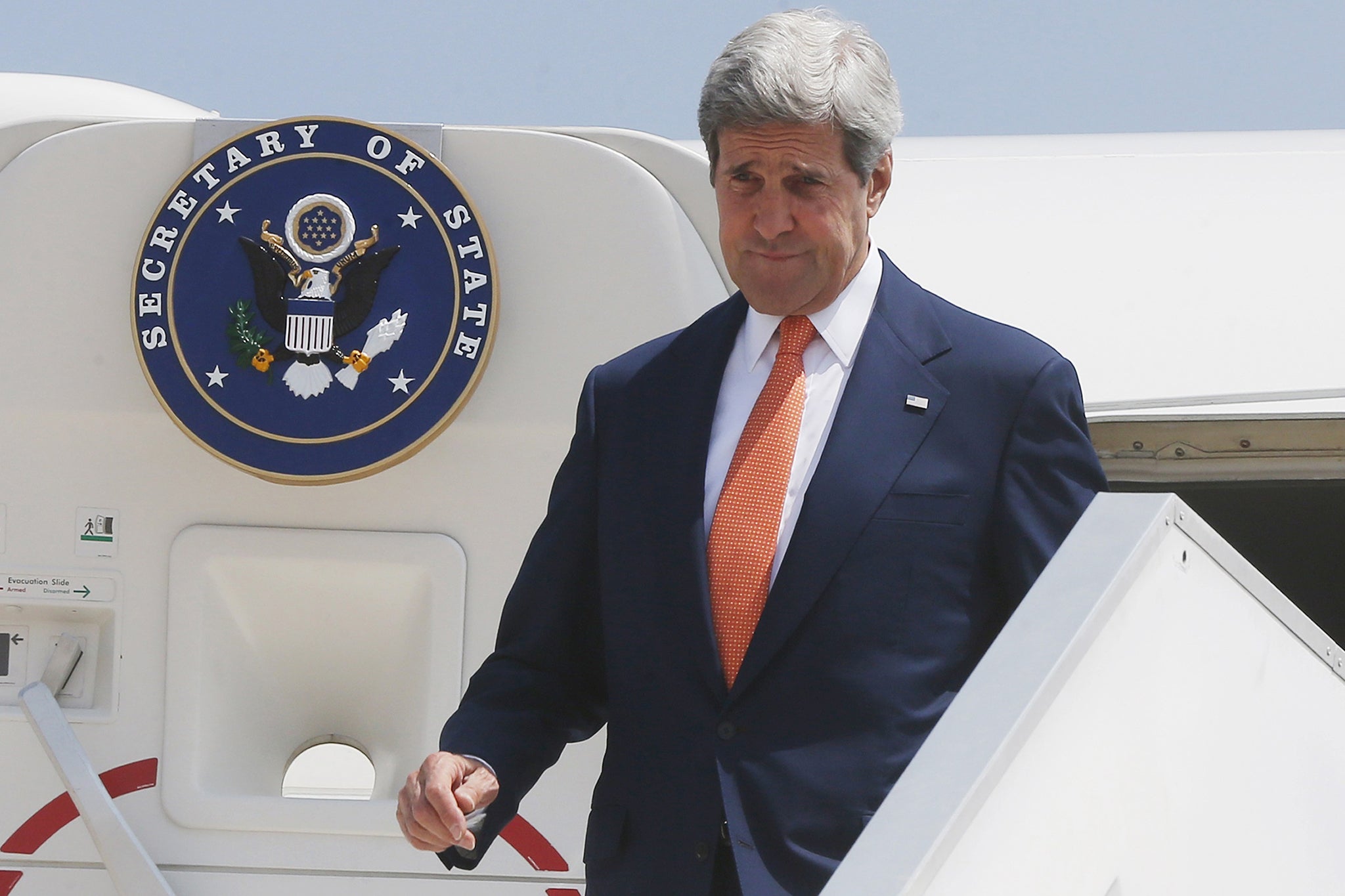 US Secretary of State John Kerry arrives in Tel Aviv steps out from his plane at Ben Gurion airport as he arrives in Israel