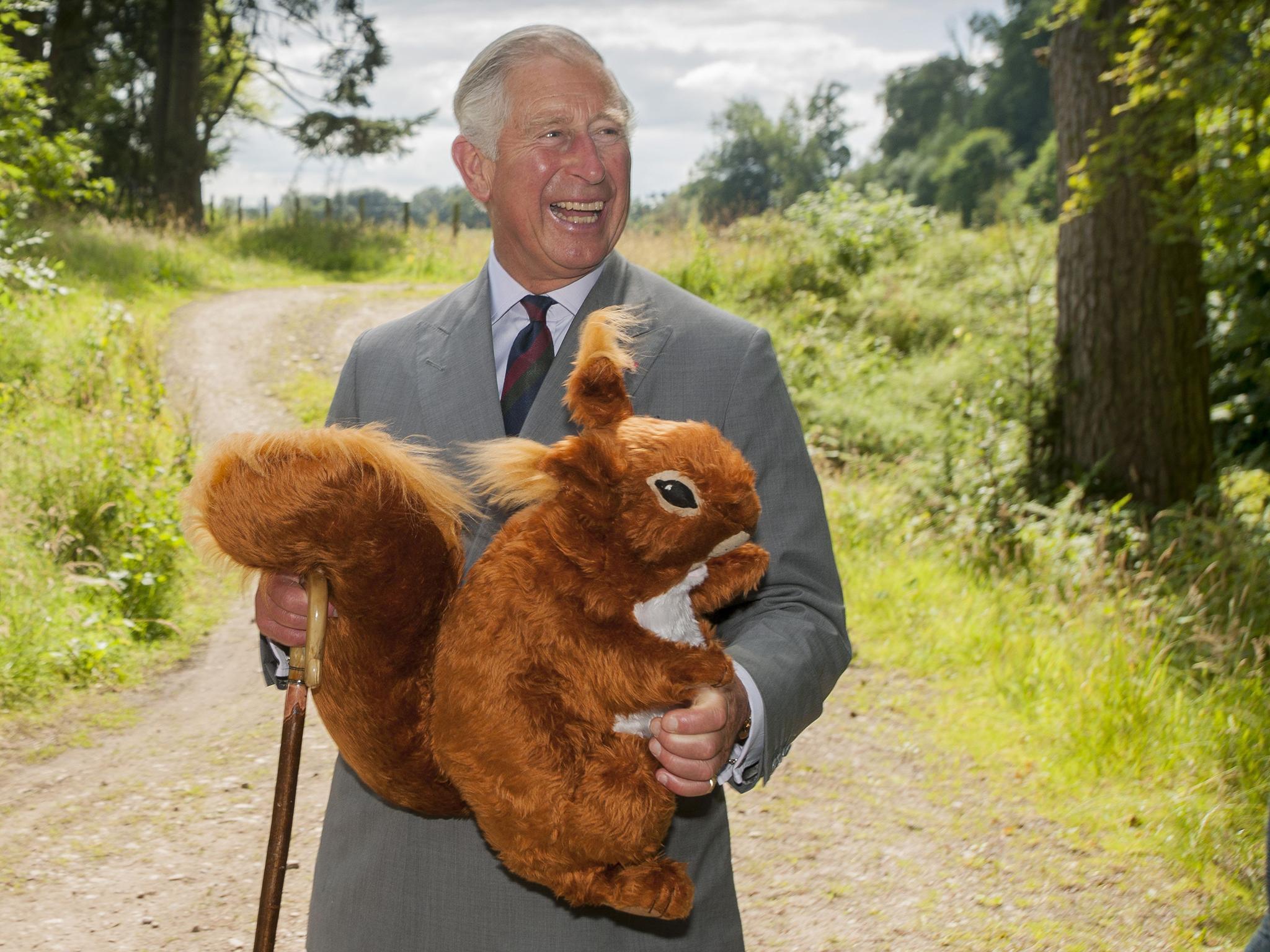 The Prince of Wales receives a toy red squirrel for Prince George, presented by the Scottish Wildlife Trust during the visit to Murthly Castle, Perthshire to attend a reception mark the Trust's 50th anniversary