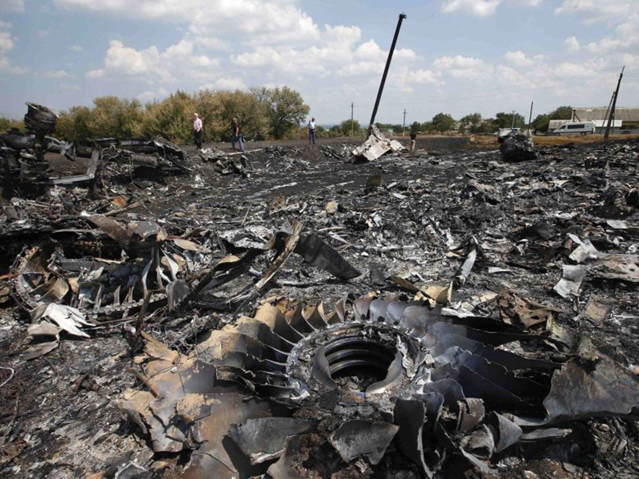 The extent of the wreckage at the site where Malaysia Airlines MH17 crashed near Hrabove (Grabovo) close to Donetsk