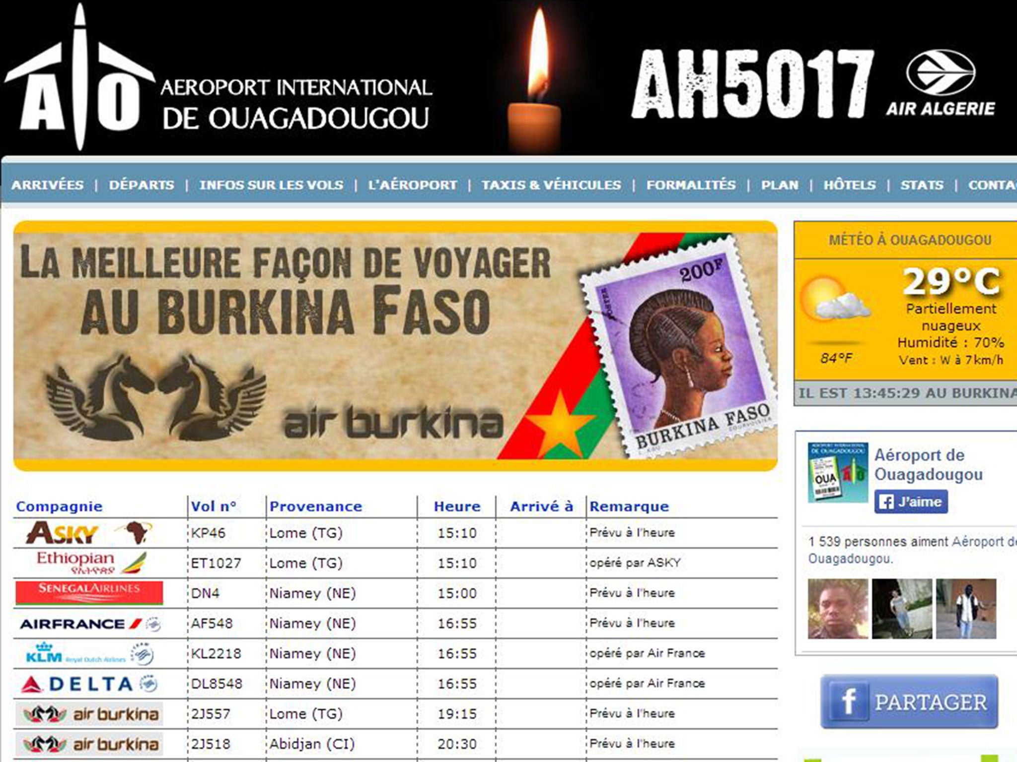 A screen shot of the banner image paying tribute to the AH5017 crash on the ouagadougou airport website
