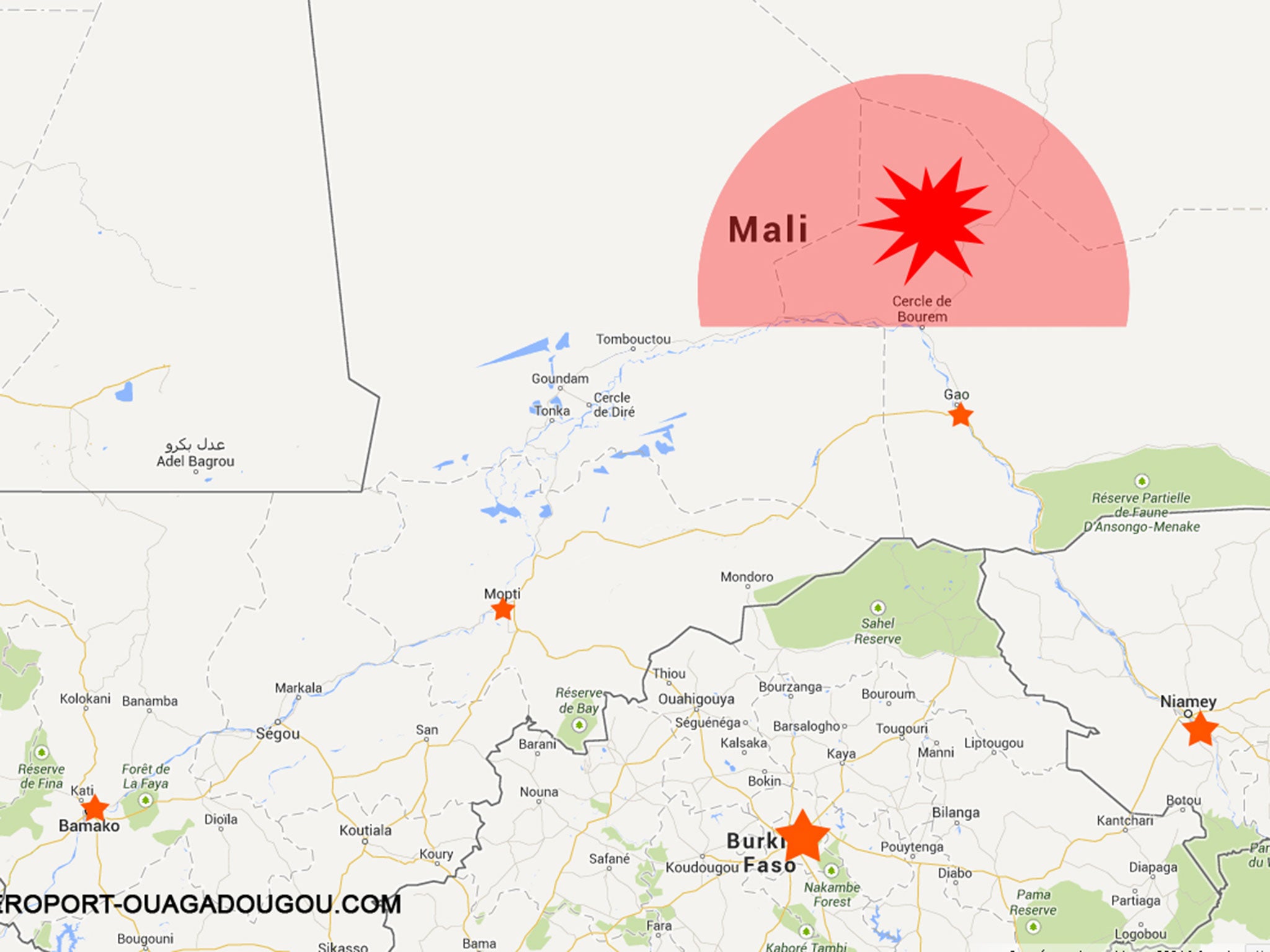 The Ouagadougou Airport posted this map showing where it believes the Air Algerie flight went missing