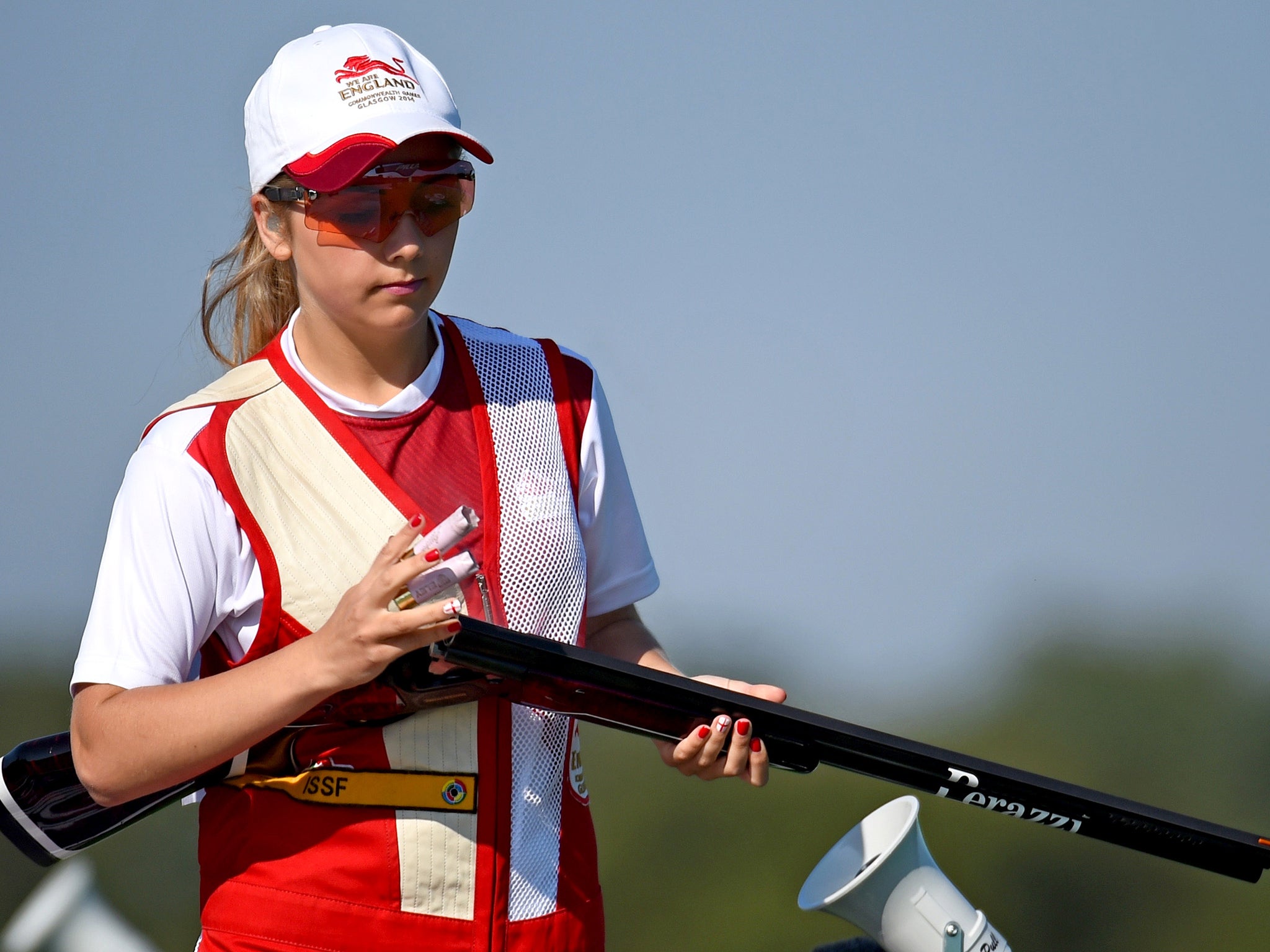 Amber Hill of England competes in the skeet qualification at Barry Buddon Shooting Centre 