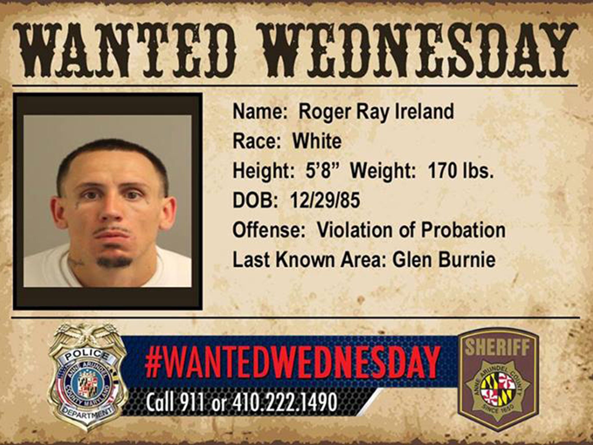 A 'Wanted Wednesday' poster by Anne Arundel County Police Department showing Roger Ray Ireland