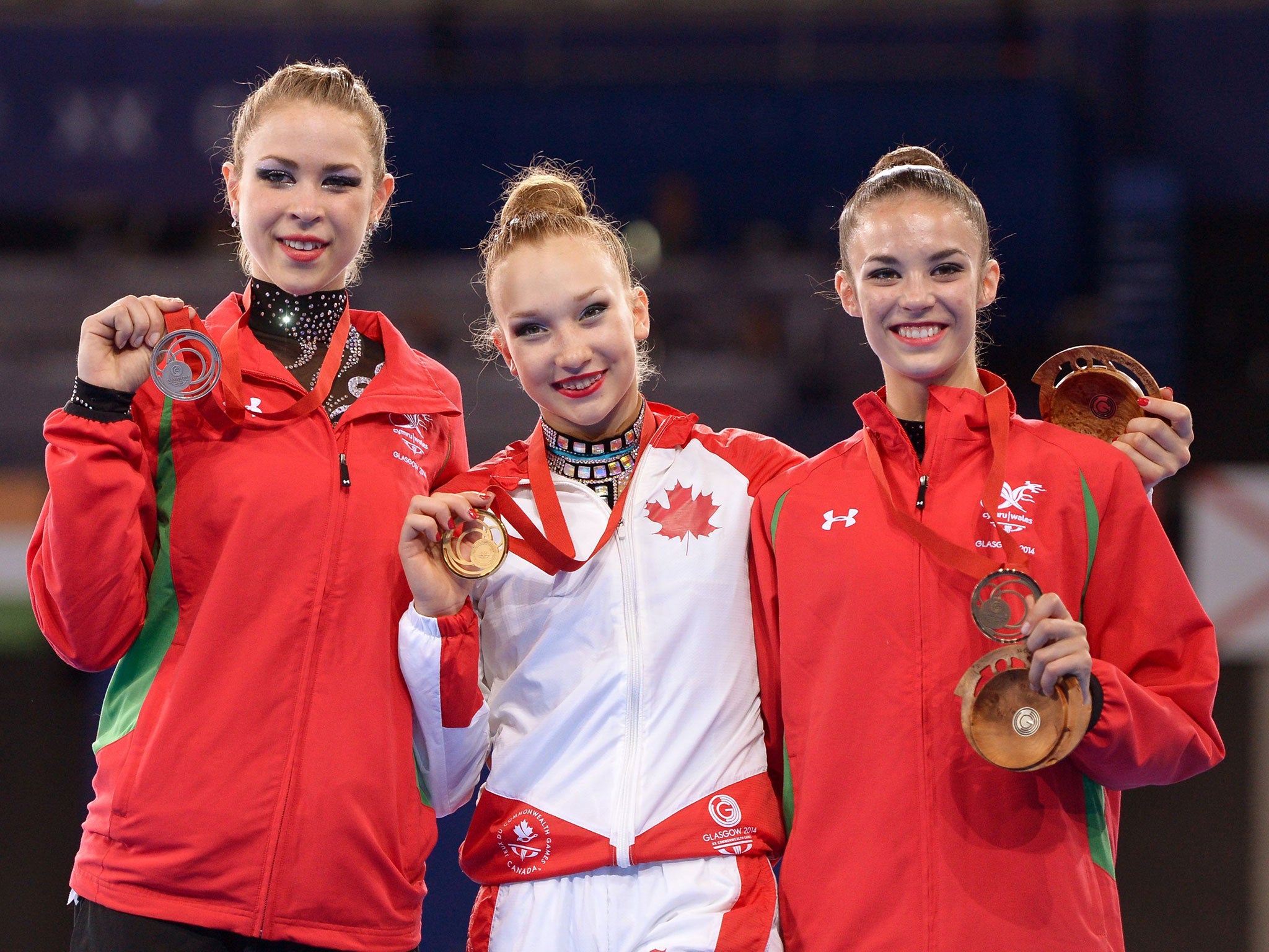 From left to right: silver medal winner Wales' Francesca Jones, gold medal winner Canada's Patricia Bezzoubenko and bronze medal winner Wales' Laura Halford with their medals