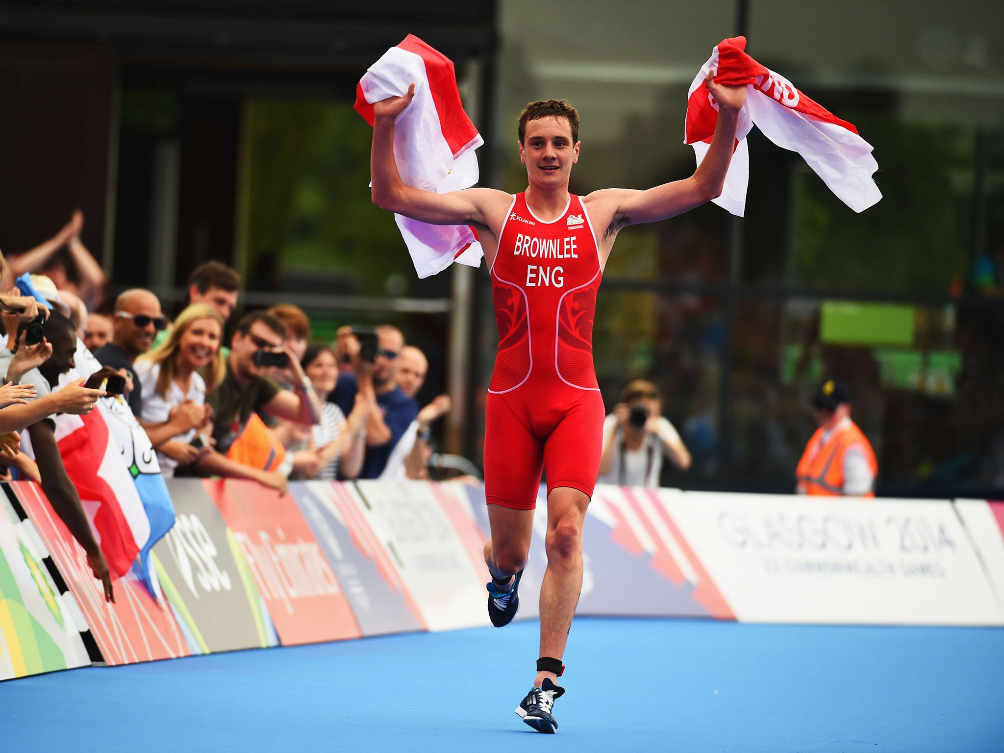 Alistair Brownlee approaches the finishing line to win the mixed triathlon for England