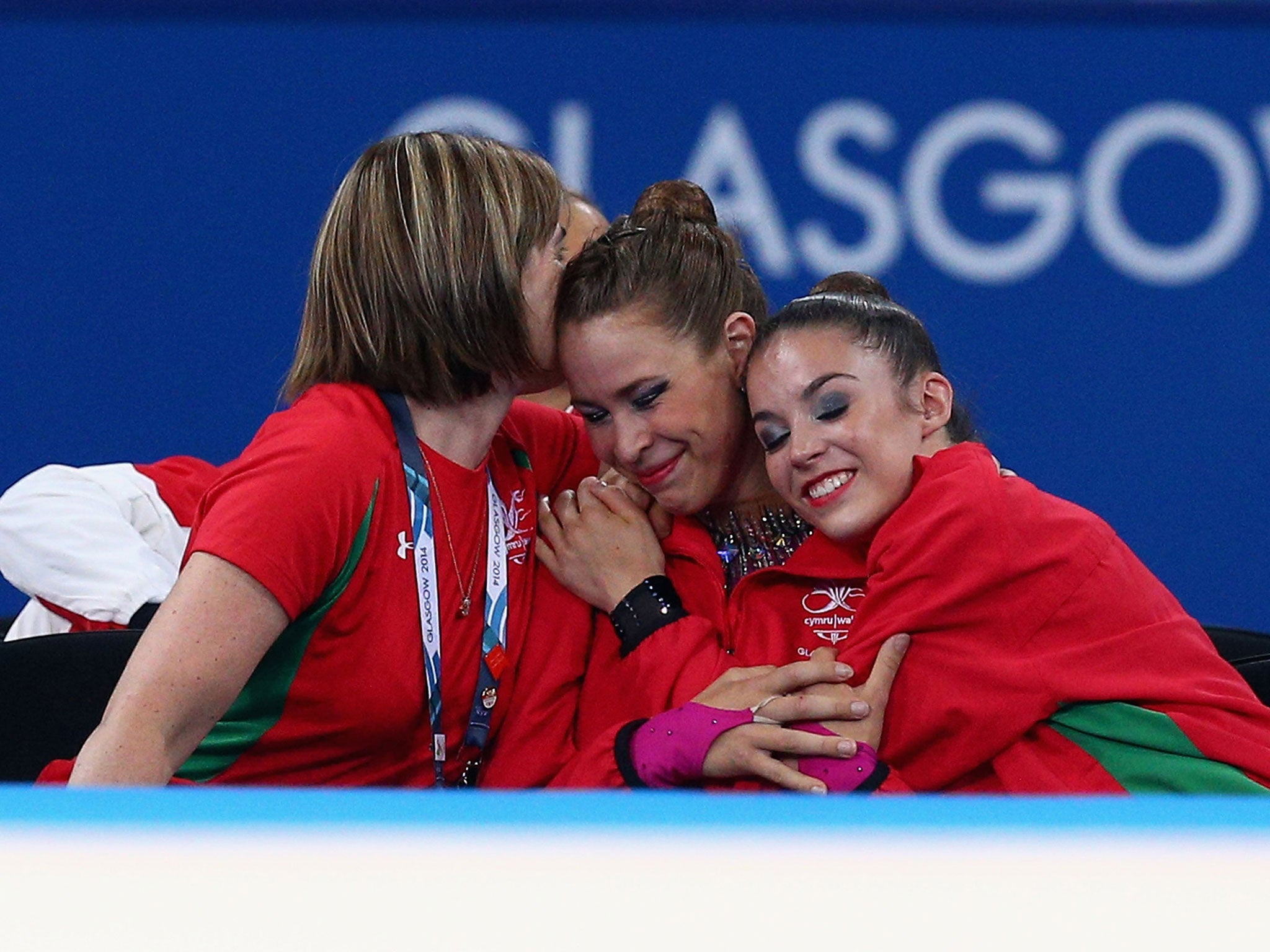 Francesca Jones of Wales reacts after an enquiry was rejected resulting in her winning gold in the Gymnastics Rythmic Ribbon Final