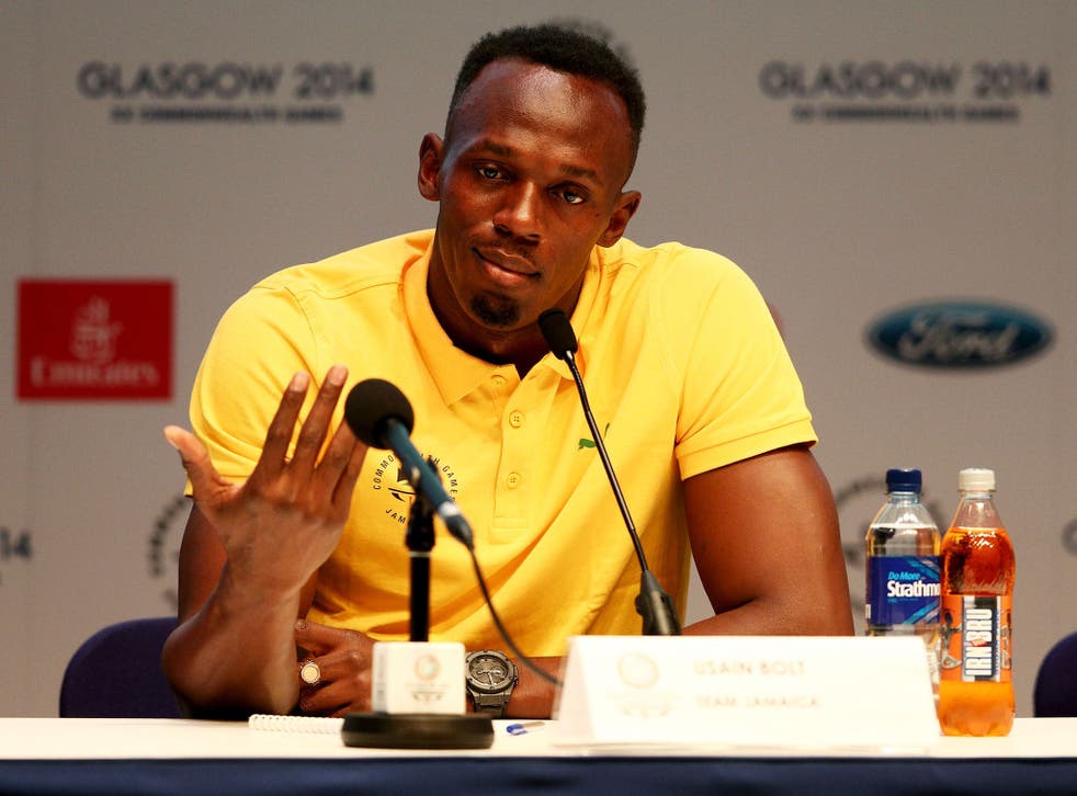 Usain Bolt speaks to reporters in Glasgow