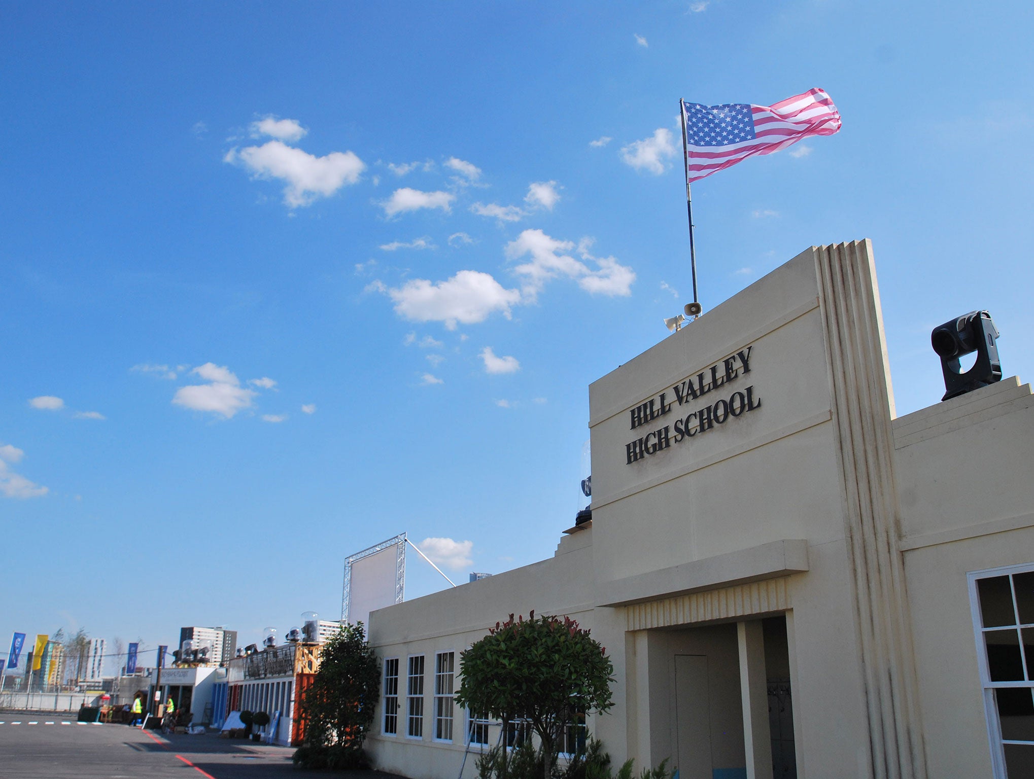 The Hill Valley High School on set of the Secret Cinema's Back to the Future event