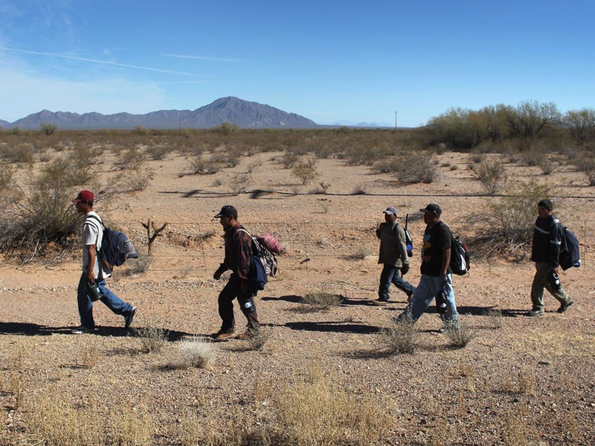 In the heat of the day: Illegal migrants walk through the Sonoran Desert after crossing into the US