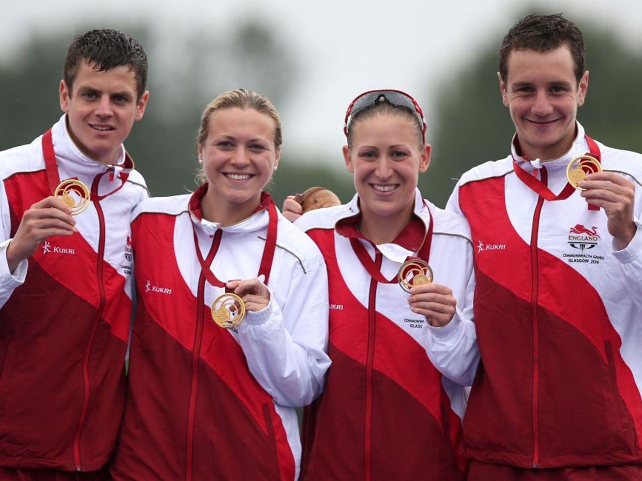Lapping it up: (Left to right) England’s Jonathan Brownlee, Vicky Holland, Jodie Stimpson and Alistair Brownlee won the mixed team triathlon