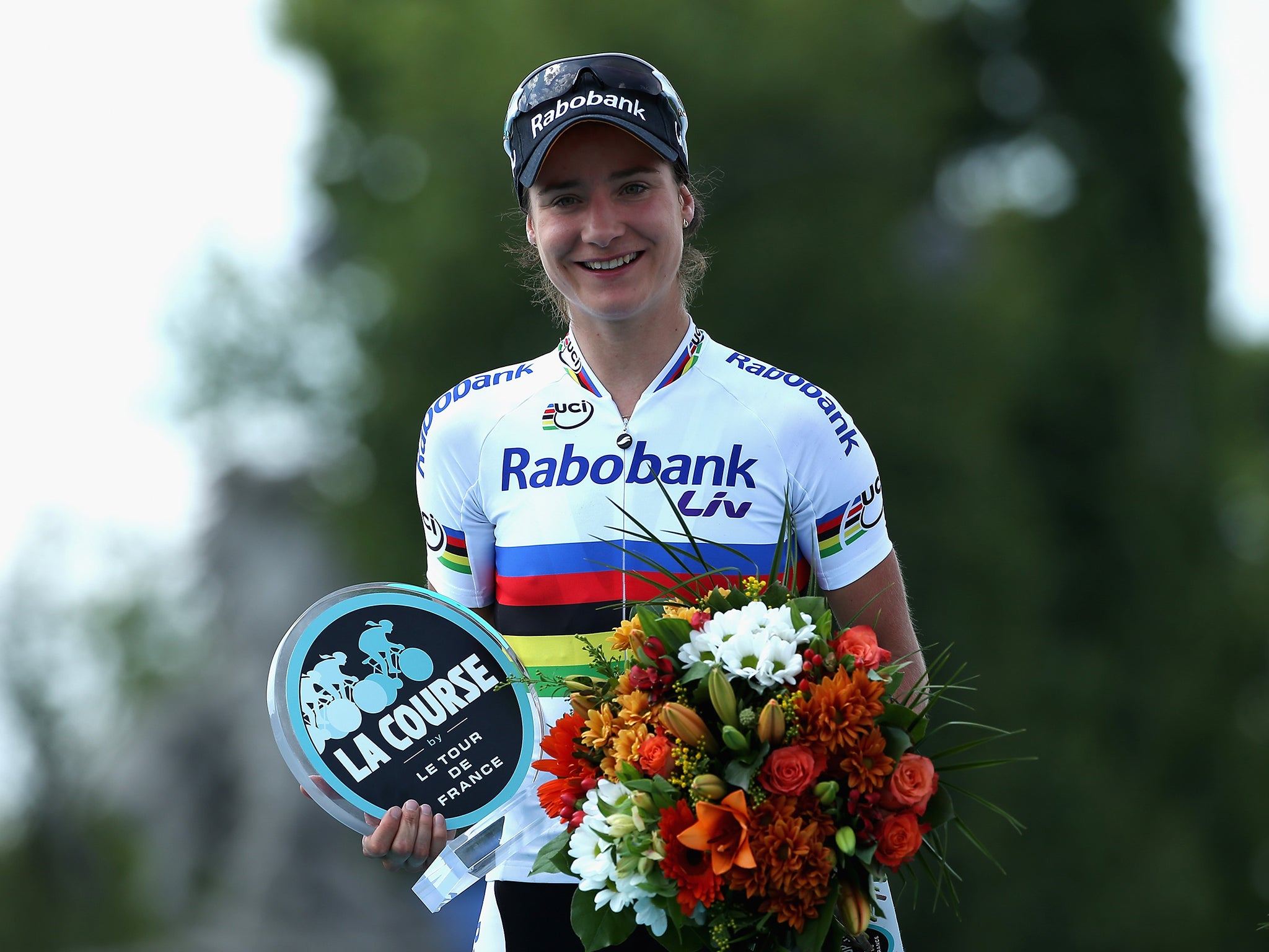 Marianne Vos of the Netherlands celebrates winning La Course