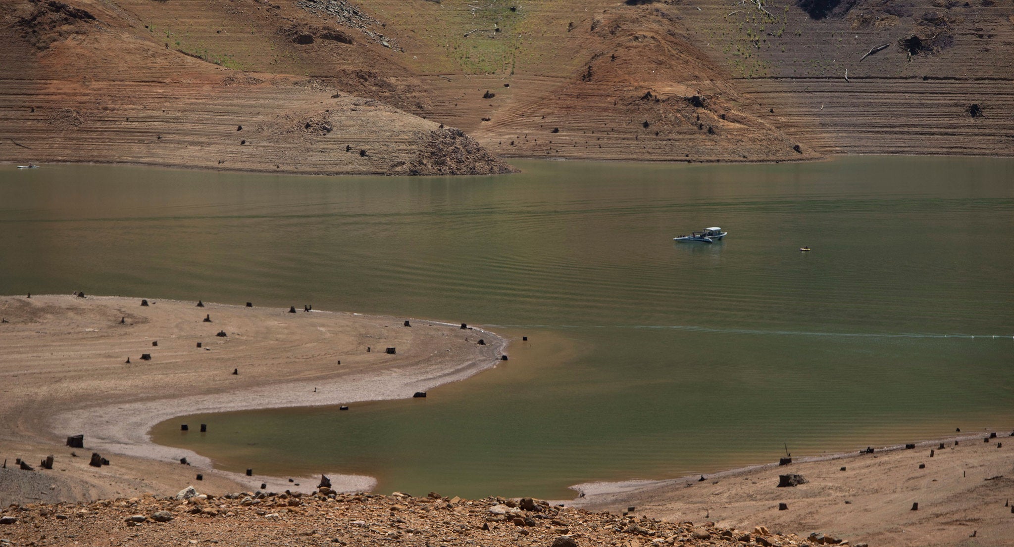 A motorboat cruises along the McCloud River Arm of Shasta Lake in Lakehead, California, USA. Water levels are 41 meters (135 ft) from crest and 36 per cent of capacity as California goes through its third straight year of dry weather.