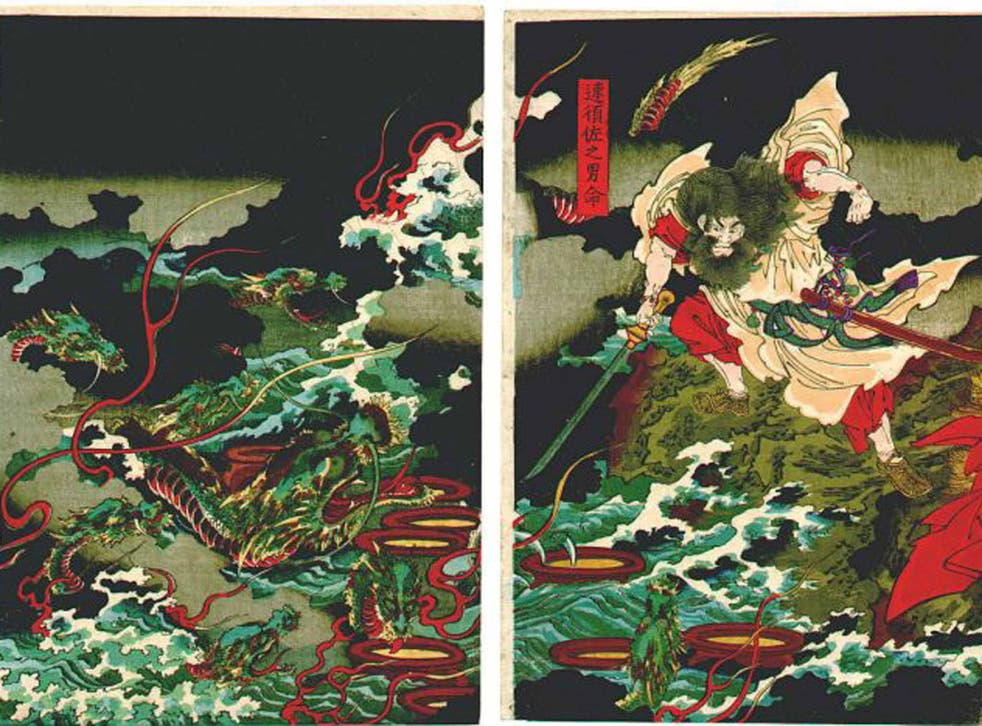 Story line: Susanoo slays the Yamata no Orochi serpent in the Japanese version of a myth dating back 40,000 years 