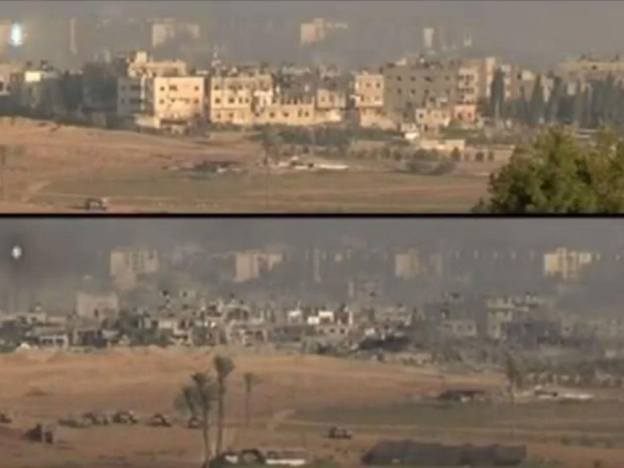 Stills from a video purporting to show a Gaza street before and after it is devastated by an airstrike