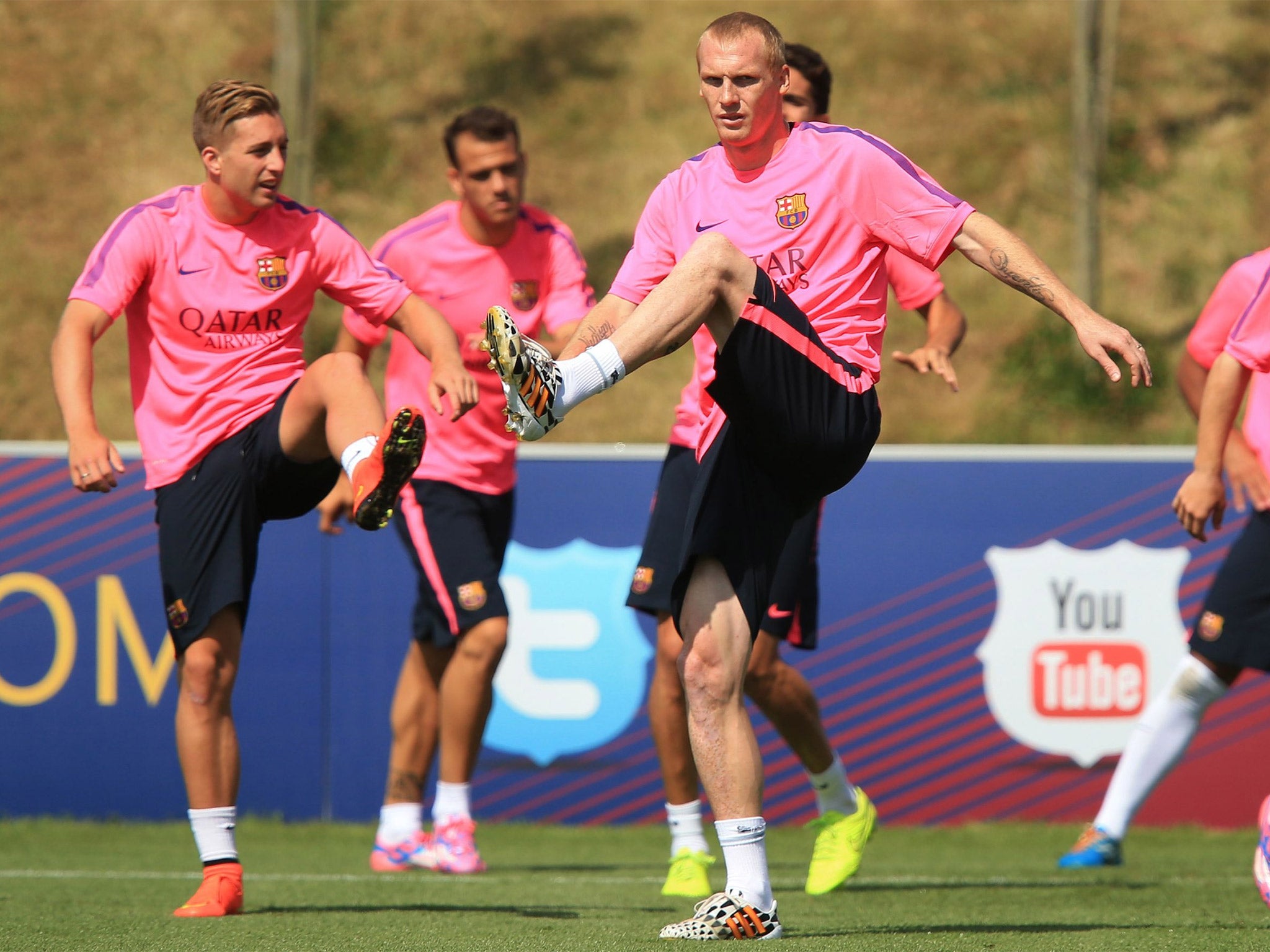 Jérémy Mathieu (right) trains with his new teammates at Burton