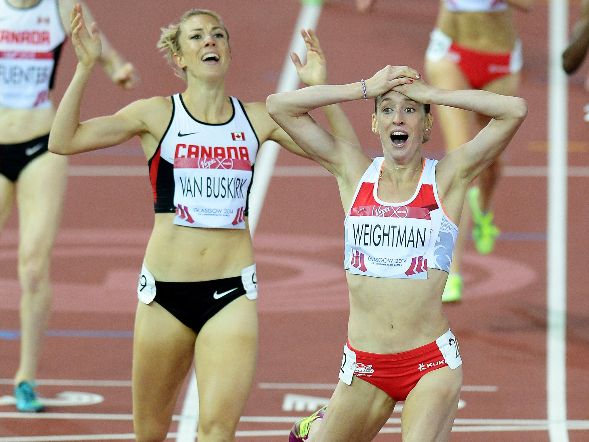Laura Weightman reacts after crossing the finish line in the 1500m