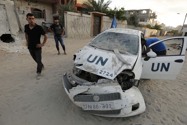 A destroyed UN vehicle is seen in Beit Lahia in the northern Gaza Strip on July 29, 2014 following Israeli military strikes.