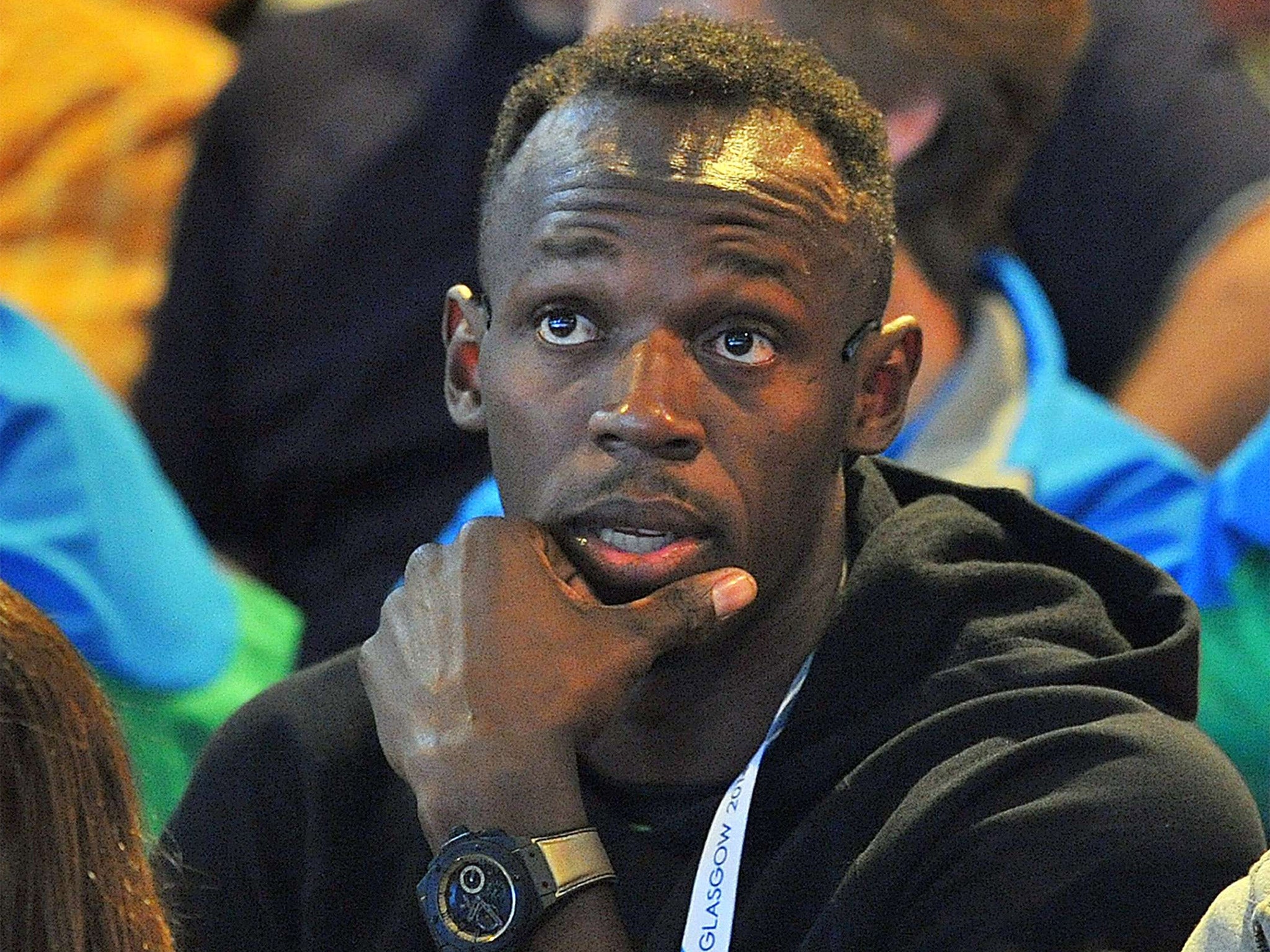 Usain Bolt, watching the women's netball match between Jamaica and New Zealand