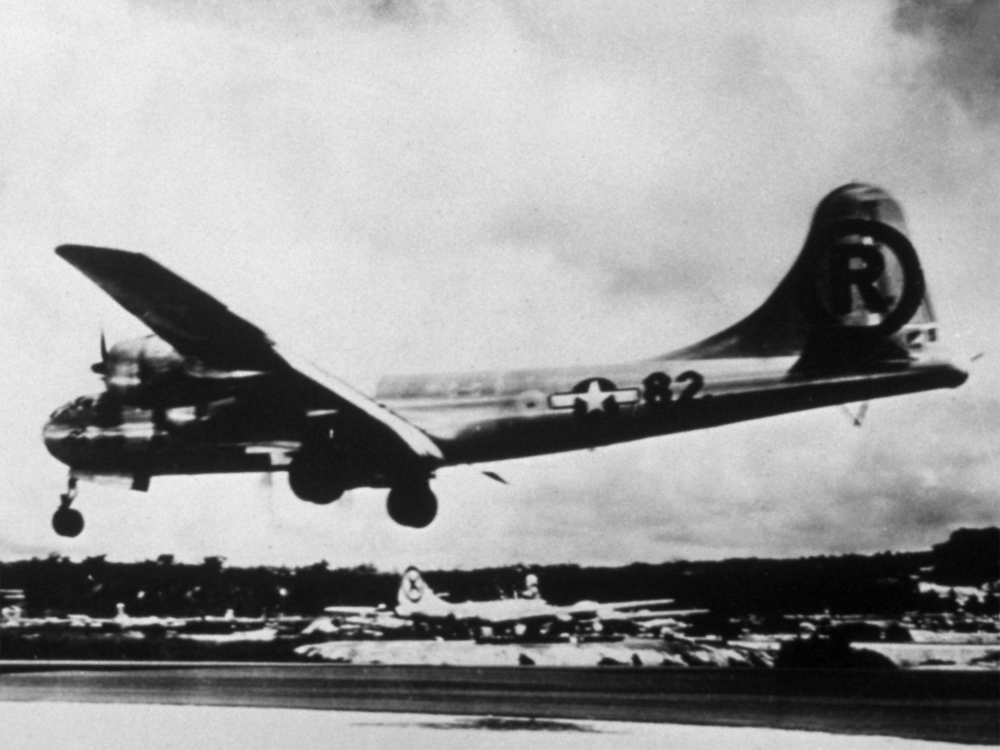 The B-29 bomber 'Enola Gay' in Japan, after bombing Hiroshima