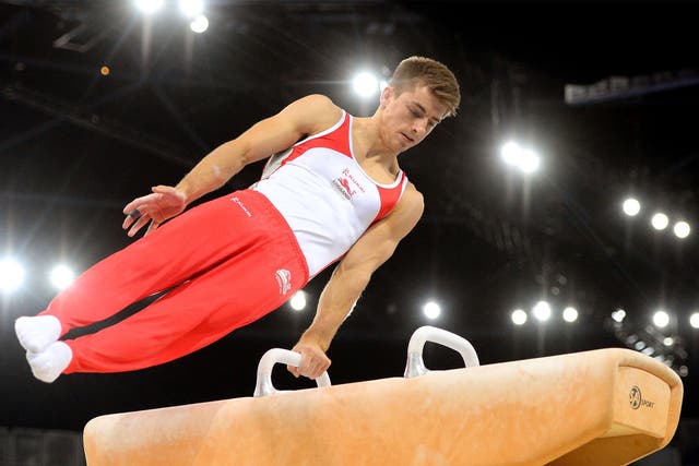 Max Whitlock competes on the pommel horse