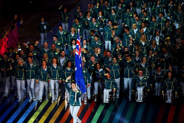 Team Australia arrive at the Commonwealth Games opening ceremony