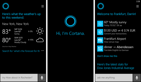 How Cortana appears on Windows Phones in the US and UK