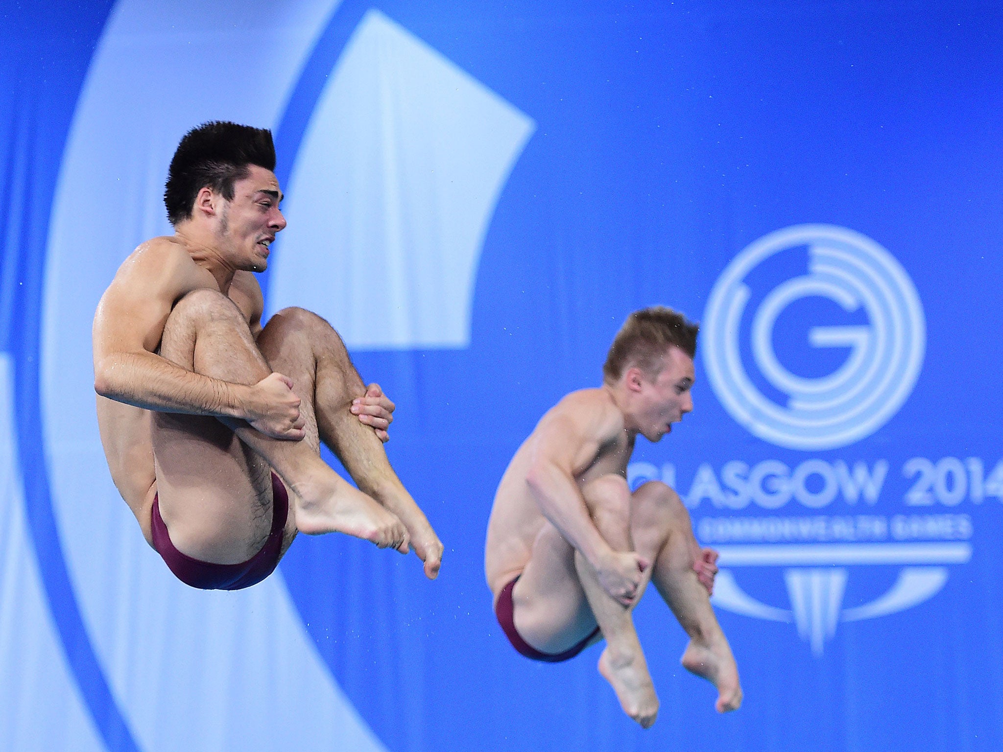 Jack Laugher and Chris Mears on their way to gold in the three-metres springboard yesterday