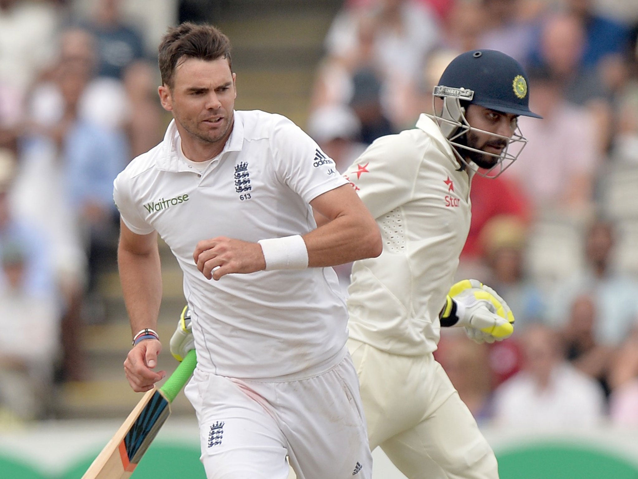 Jimmy Anderson and Ravindra Jadeja in action during this ill-tempered series
