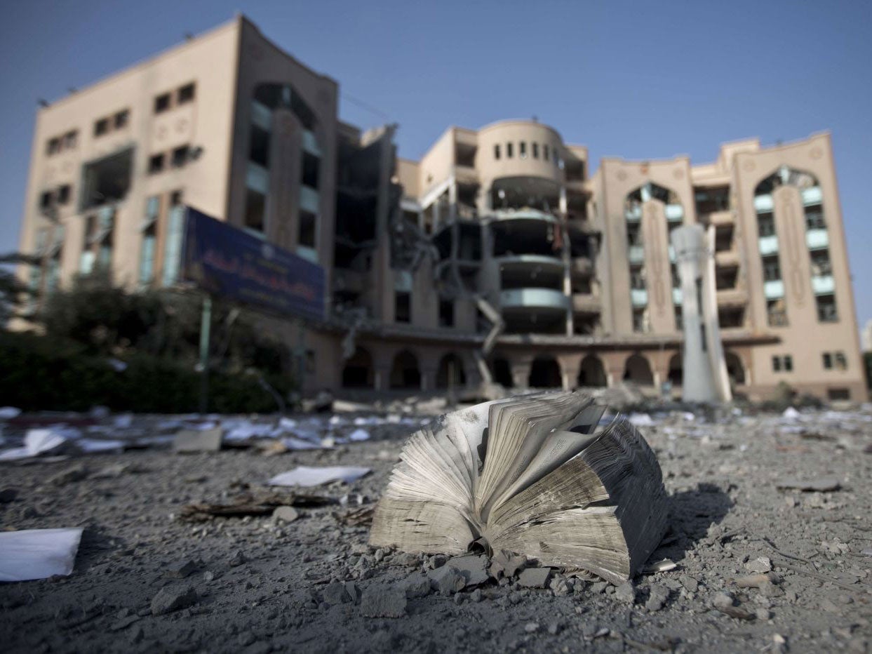 A general view shows the damage at the Islamic University of Gaza on August 2, 2014 in Gaza City after it was hit in an overnight Israeli strike.